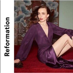 NEW Reformation Womens XS Rosalina Maxi Faux Wrap Dress Aubergine Long Sleeve